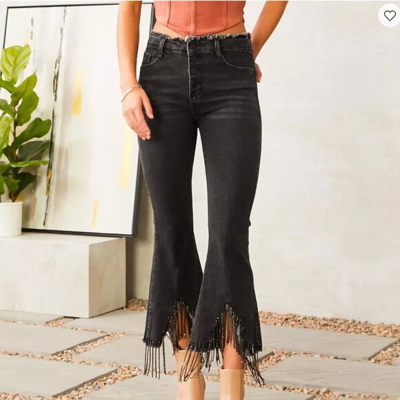 Blue B Collection Denim - Buckle Blue B Collection Rhinestone Fringe Cropped Flare Jeans – Size Small